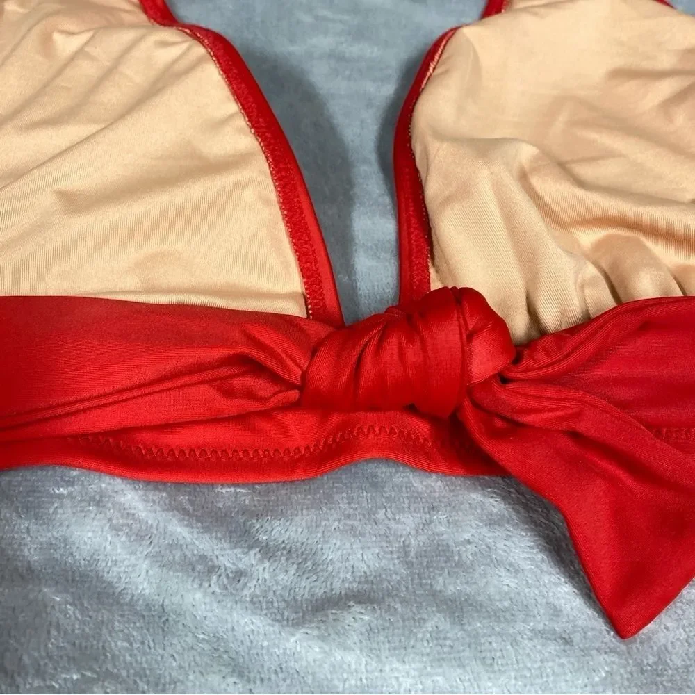NEW J. Crew DD Halter Tie Back Bikini Top w/ Mesh V Neck Size XL Venetian Red